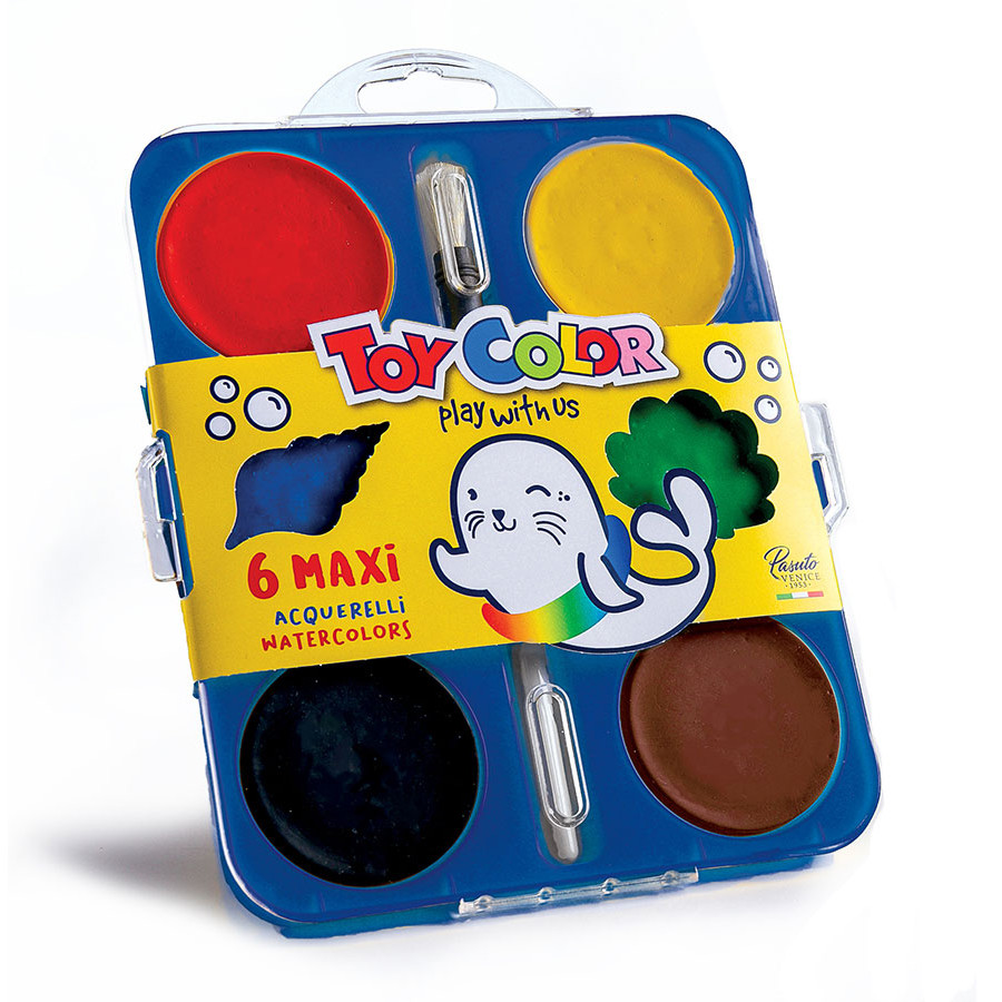 Maxi Acquerelli in Pastiglie Toy Color Pasuto con Pennello, Confezione da 6. Per bambini e bambine