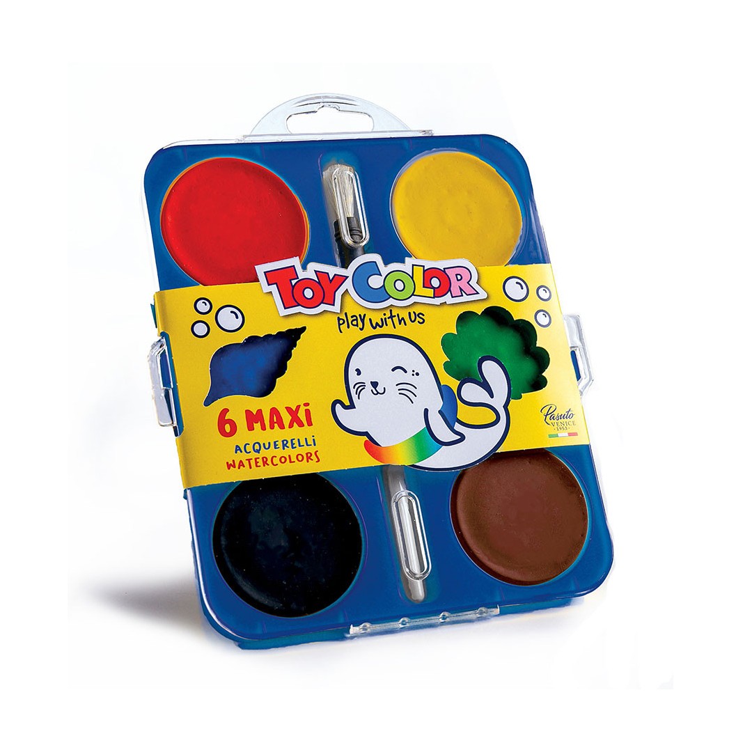 Maxi Acquerelli in Pastiglie Toy Color Pasuto con Pennello, Confezione da 6. Per bambini e bambine Maxi Acquerelli in Pastiglie Toy Color Pasuto con Pennello, Confezione da 6. Per bambini e bambine