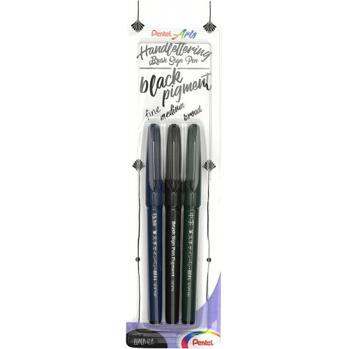 Brush Sign Pen Pentel Arts, Penne Pennello per Lettering e Calligrafia Color Nero in Confezione da 3