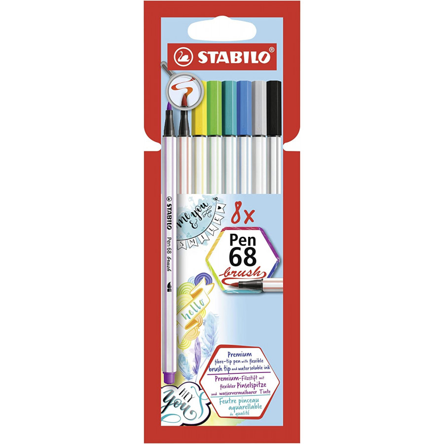 Stabilo Pen 68 Brush, Pennarelli con Punta a Pennello in Confezione da 8 Colori