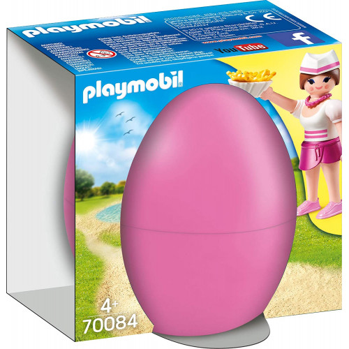 L'uovo Playmobil contiene il personaggio, un vassoio, una bibita, un panino, patatine e un bancone.