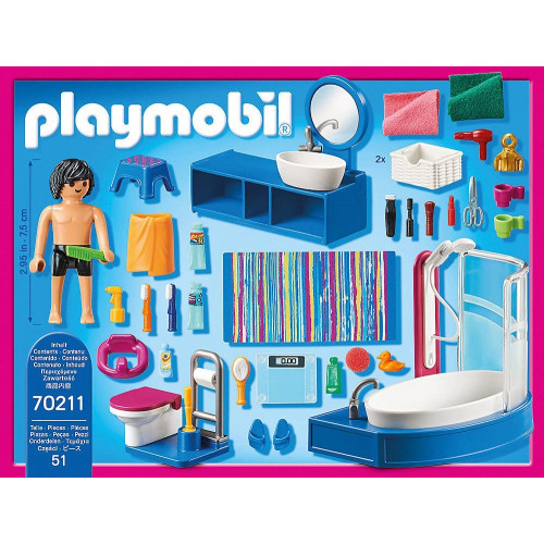 Il Play set Bagno con vasca contiene 51 pezzi: 1 vasca da bagno con doccia, 1 mobile, 1 WC, 1 personaggio, 47 accessori.