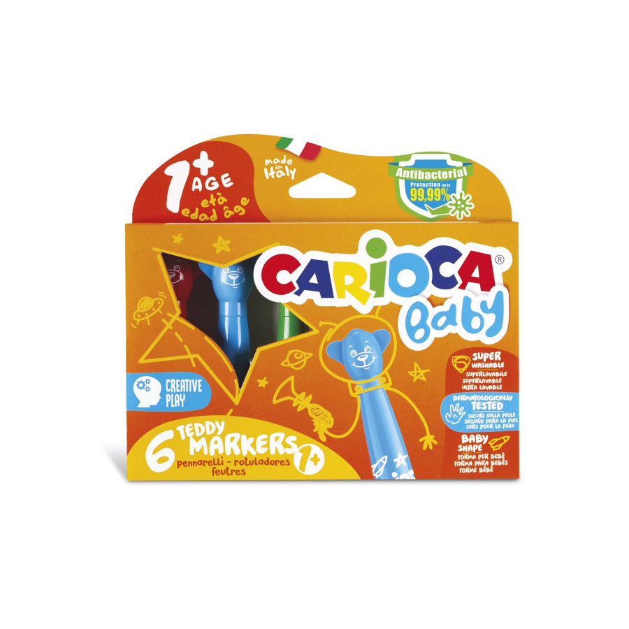 Teddy Markers Carioca Baby, Confezione da 6 Pennarelli con Tappo a Forma di Orso per Bambini e Bambine 1+
