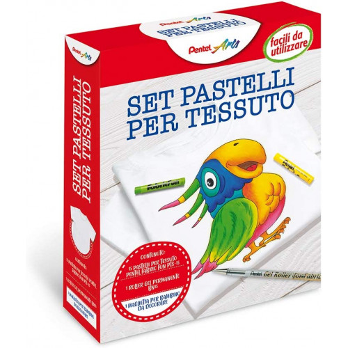 Kit Pentel Arts Fabric Fun con Pastelli per Tessuto, Penna Gel Permanente e T-shirt Bianca per Bambini
