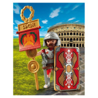 Un esperto legionario PLAYMOBIL con scudo, spada e vessillo recante i simboli dell'Impero romano