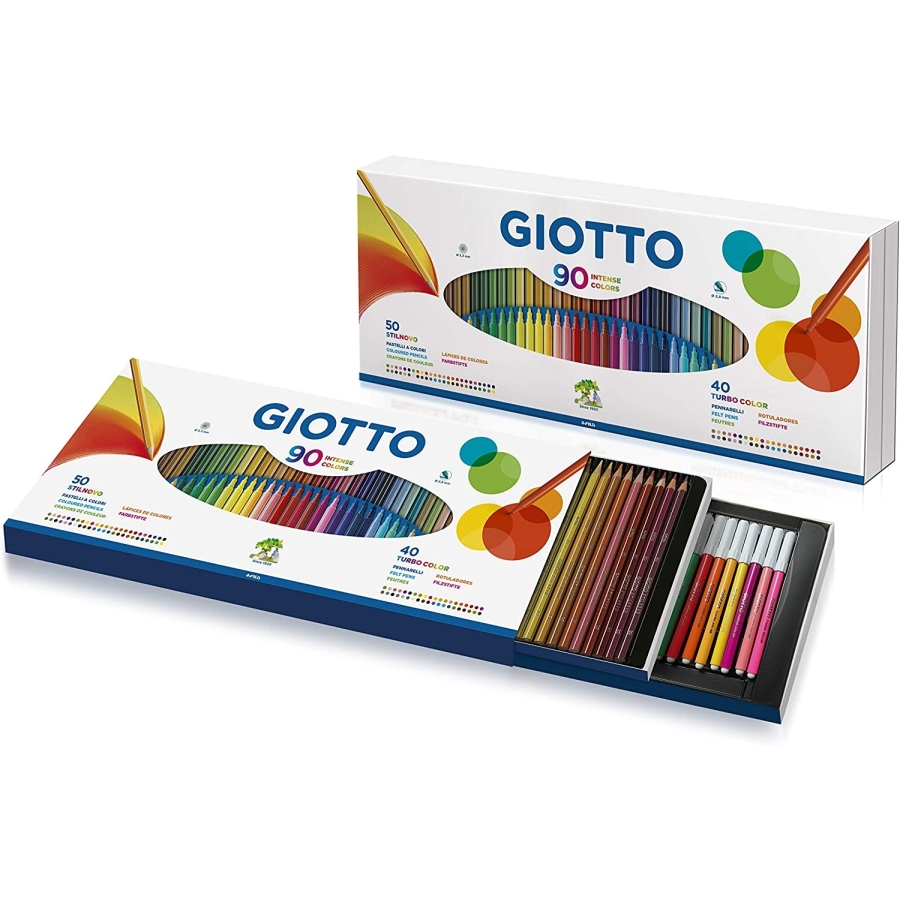 Confezione da 90 Colori Giotto con Matite Stilnovo e Pennarelli Turbo Color Assortiti.