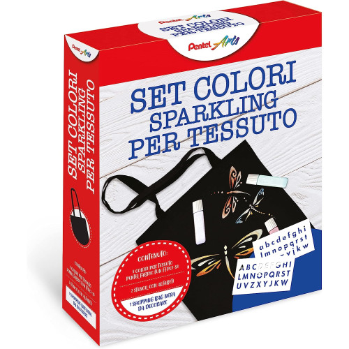 Set Pentel Arts Colori Sparkling per Tessuto con Shopping Bag Nera da Decorare