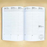 I fogli all'interno dell'agenda sono a righe, ogni settimana è divisa su due pagine e i giorni distribuiti per colonne