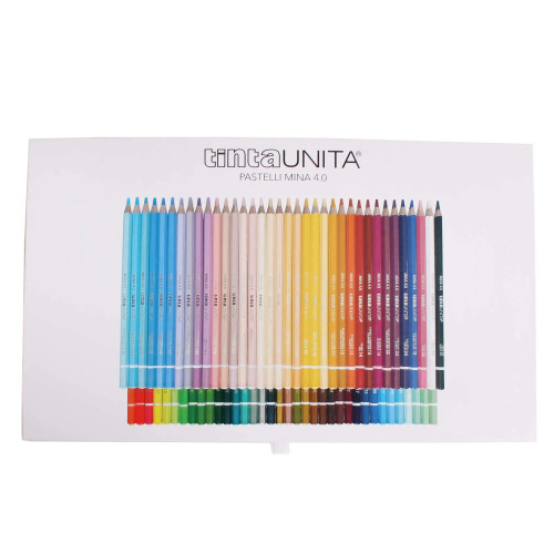 Confezione con due pratici cassetti estraibili e chiusura magnetica, contenente 72 matite colorate TintaUnita