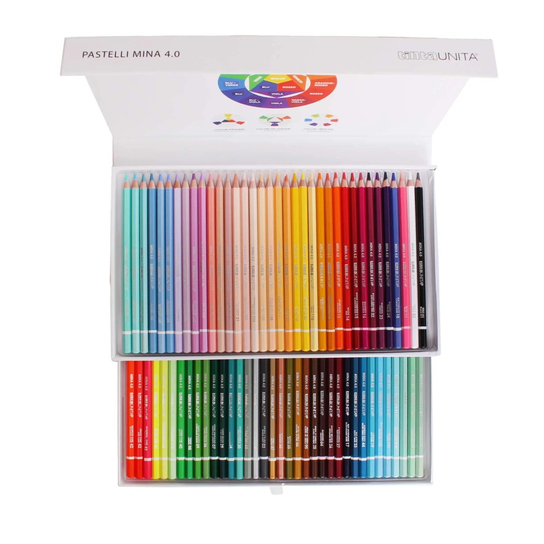 Confezione Regalo da 72 Matite Colorate Mina 4.0 Tinta Unita. Scatola a Cassetti con Chiusura Magnetica per Ordinare i Pastelli