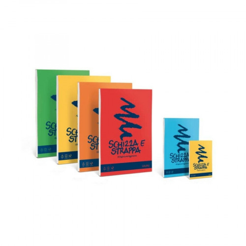 Gli Schizza e Strappa, per disegni tecnici o artistici, sono distribuiti con copertine in cartoncino di vari colori vivaci
