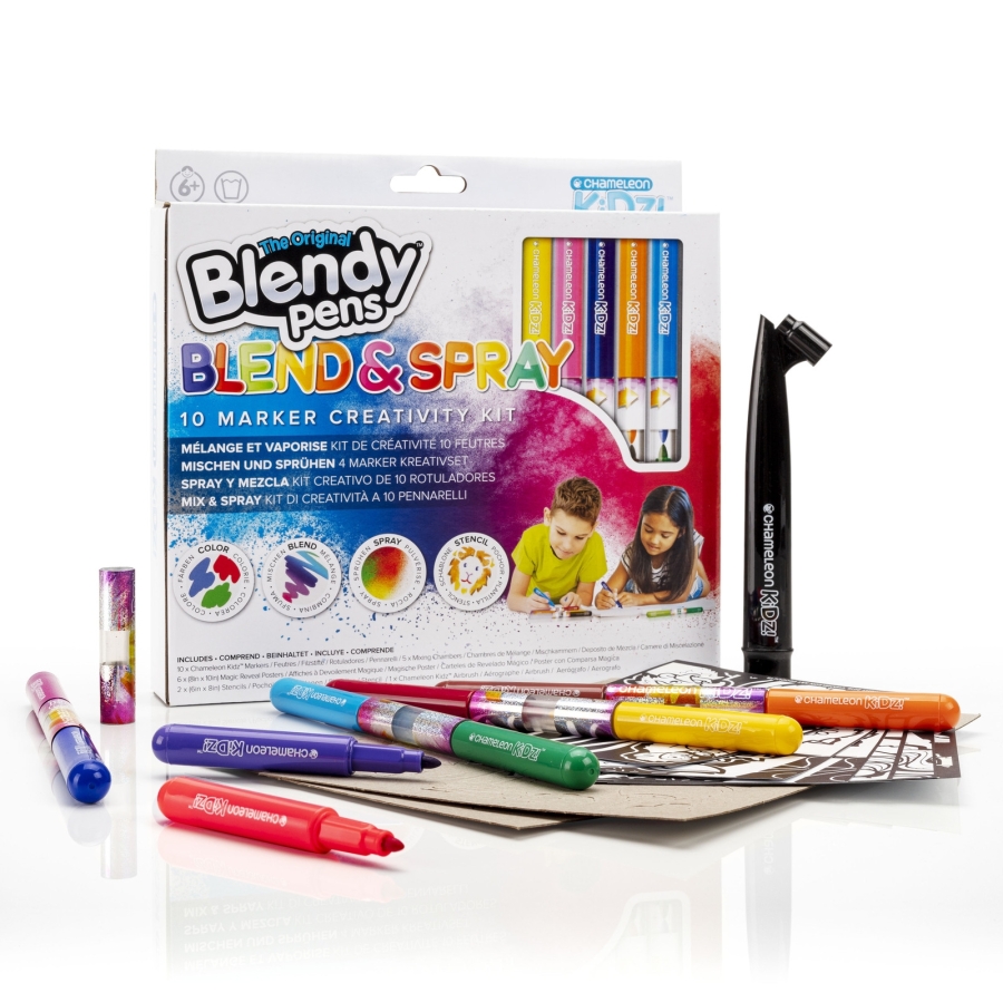 Kit Creativo "Blend & Spray" della Chameleon Kidz! con 10 Pennarelli Sfumabili ed Airbrush 6+