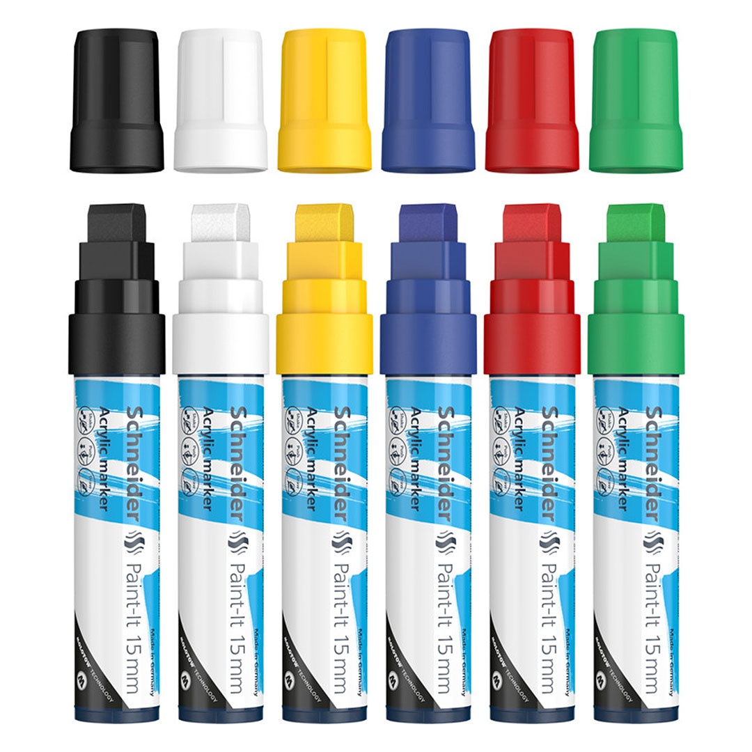 Pennarelli Acrilici Paint-It con Maxi Punta da 15mm della Schneider Multisuperficie, Colori Rosso, Bianco, Verde, Blu e Giallo Pennarelli Acrilici Paint-It con Maxi Punta da 15mm della Schneider Multisuperficie, Colori Rosso, Bianco, Verde, Blu e Giallo