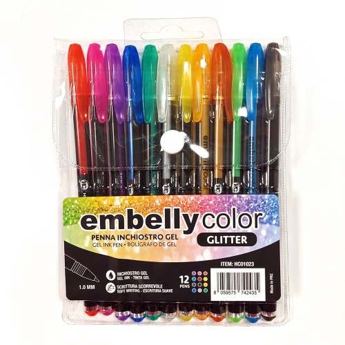 12 Penne Colorate con Inchiostro Gel Glitter e Punta 1mm Embelly Color