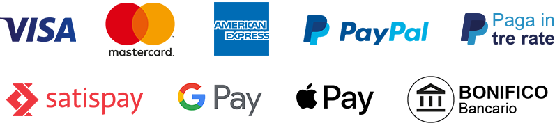Sistemi di pagamento sicuri accettati: carte di credito, di debito, prepagate, PostePay, Paypal, SOFORT, MyBank e l'app Satispay.