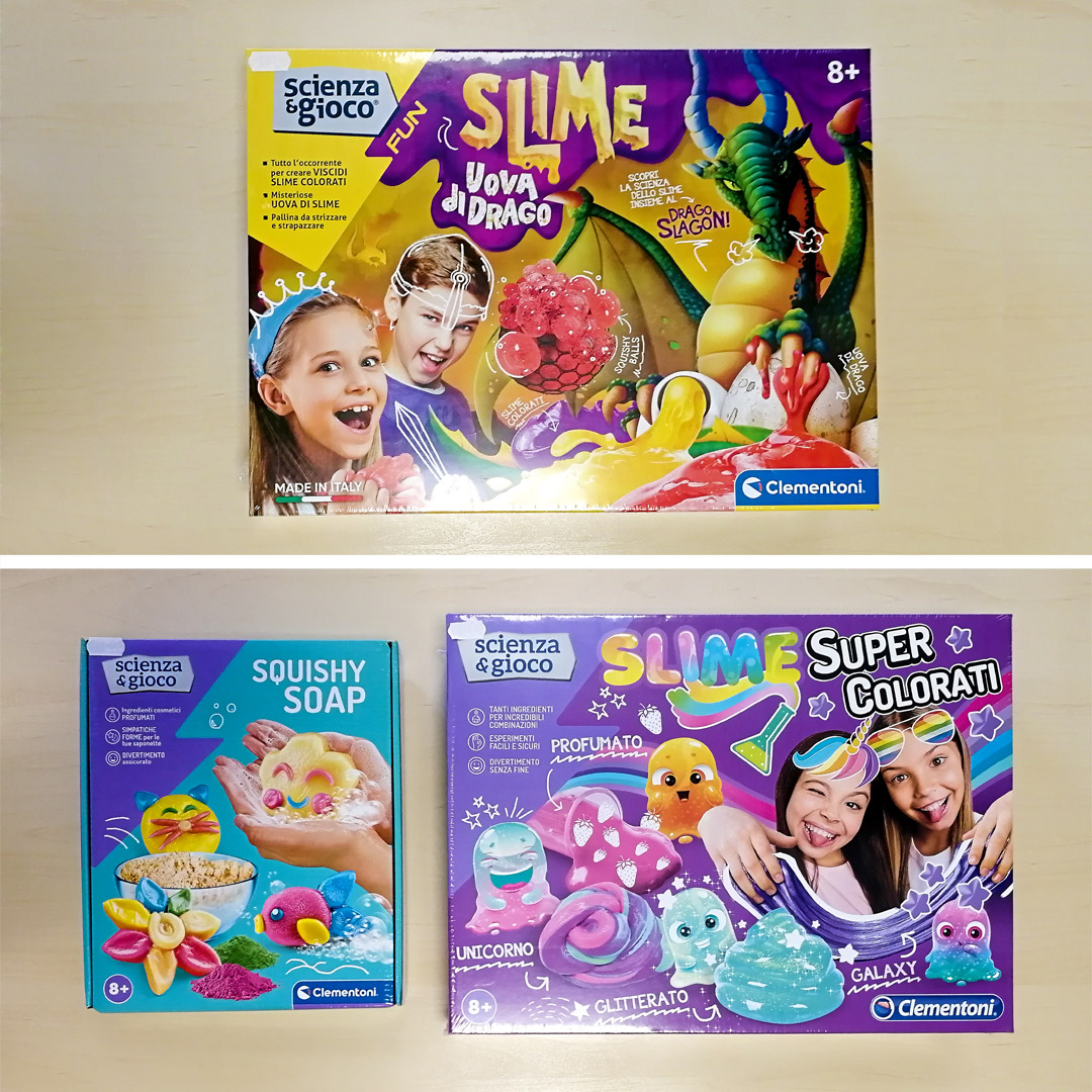 Scienza e gioco di Clementoni per realizzare Slime e Squishy Soap. Giochi per bambini e ba,bine dagli 8 anni in su.